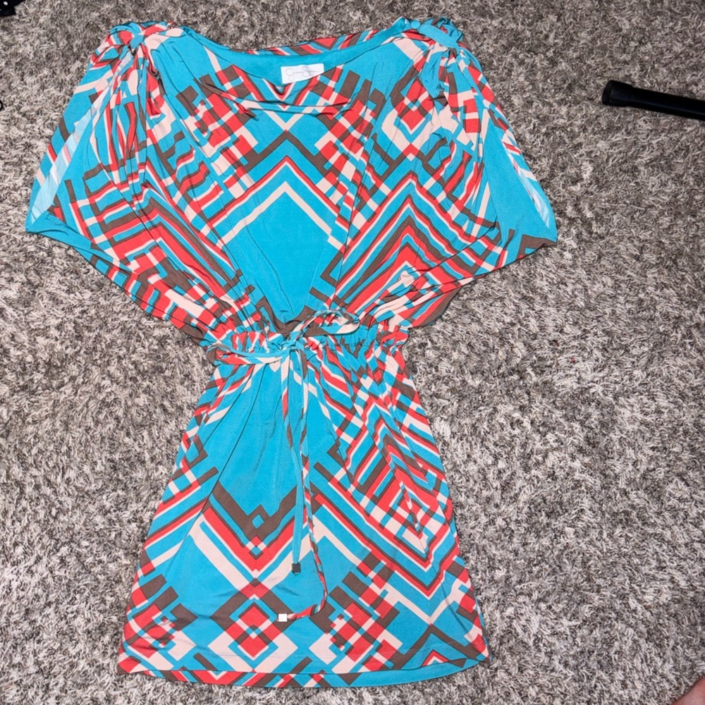 Jessica Simpson Sleeveless Blue Geometric Print Dress with Tie Waist - Picture 3 of 3